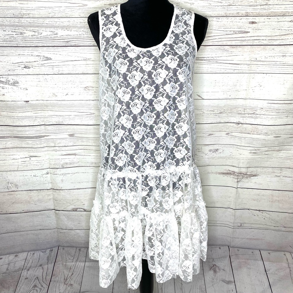 Oasap Floral Lace Trim Dress White Sz L